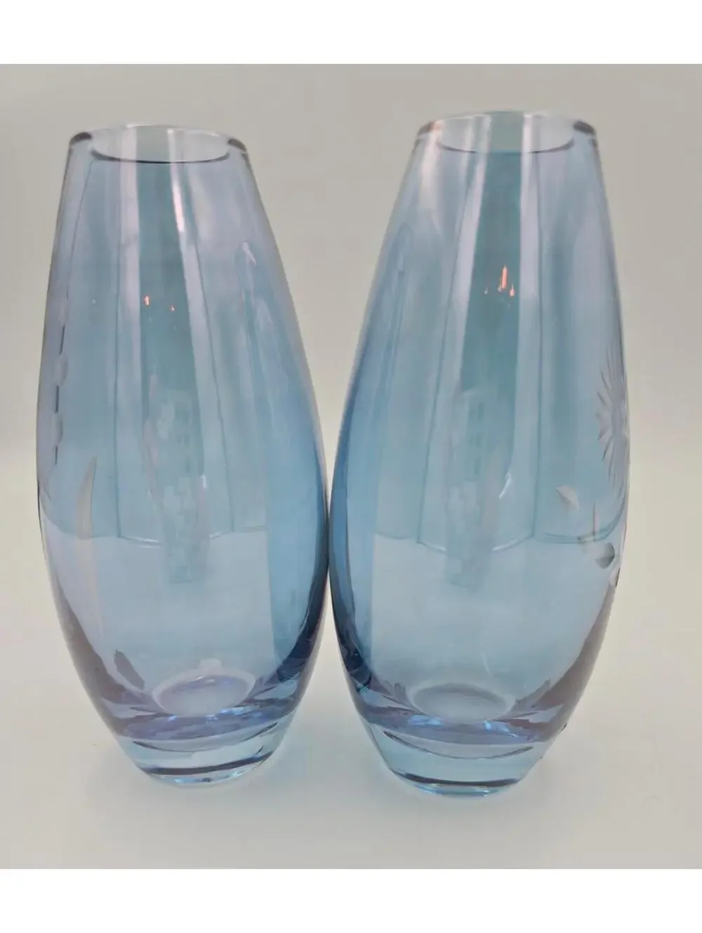Vintage Pair Johan Fors Sweden Blue Glass Vases Etched Floral w/Original Sticker